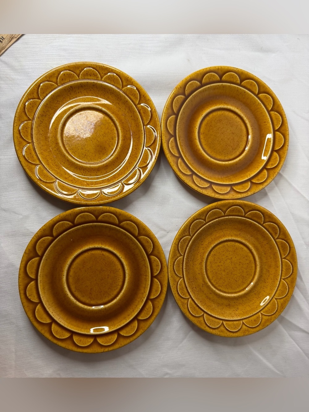 Vintage Set of 4 Mustard Yellow Speckled Stoneware Saucers – 6"